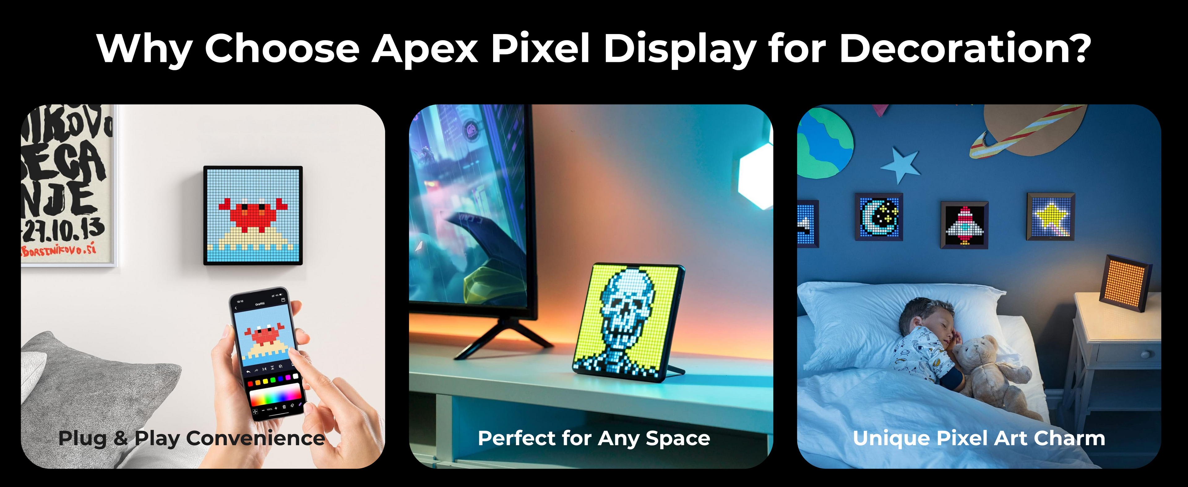 Apex Pixel Display with images of a living room, bedroom, and use case on a smartphone , Smart RGB Apex Pixel Display with app control for pixel art and clock designs , Smart Apex Pixel Display frame with time, weather, and pixel art features , Apex Pixel Display in India for gaming setups, music sync, and home décor