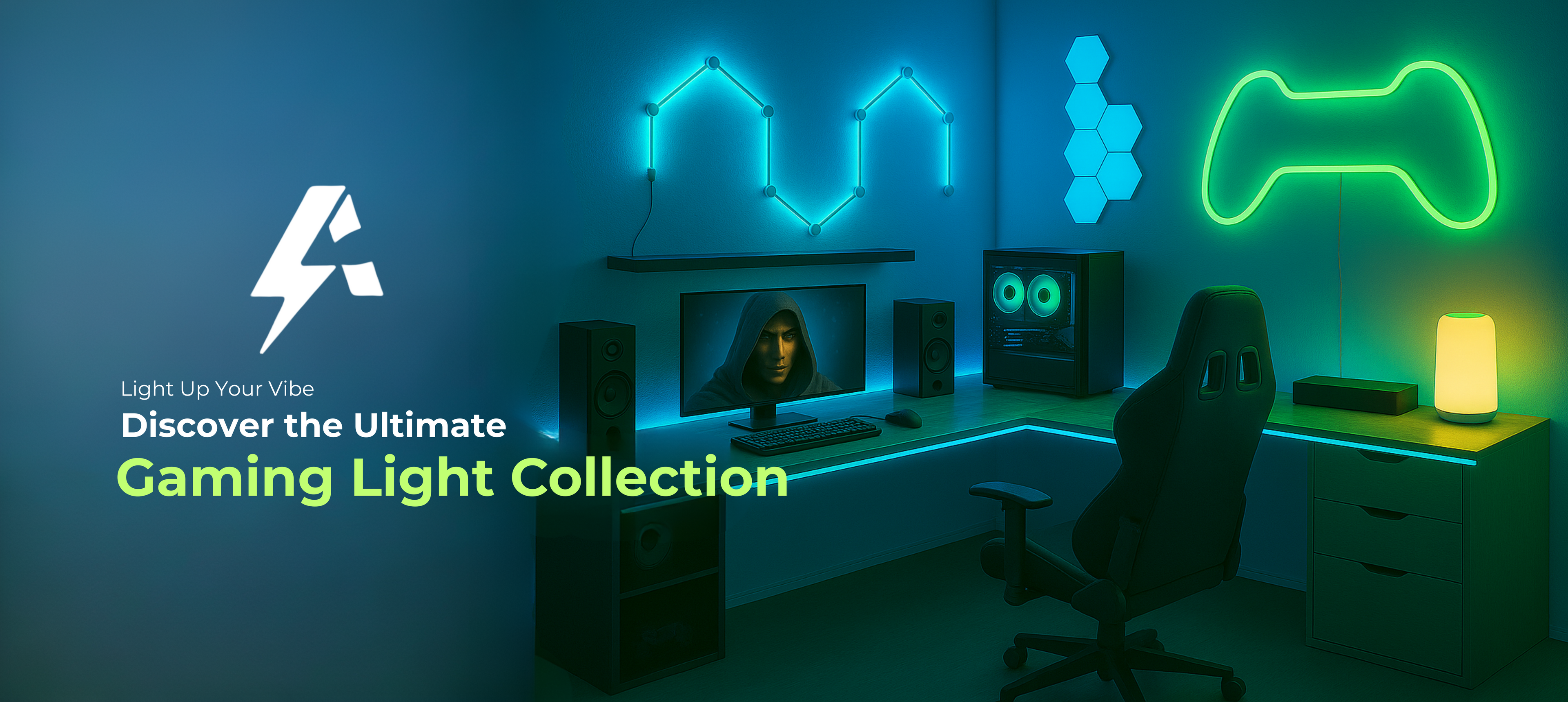 Apex Light smart gaming room setup in India with RGBIC TV backlight and LED strips , RGBIC gaming room lighting in India by Apex Light with smart app and voice control , Gaming desk and TV backlight setup with Apex Light LED strips and floor lamp , Apex Light gaming room glow with pixel display, smart LED strip, and floor lamp