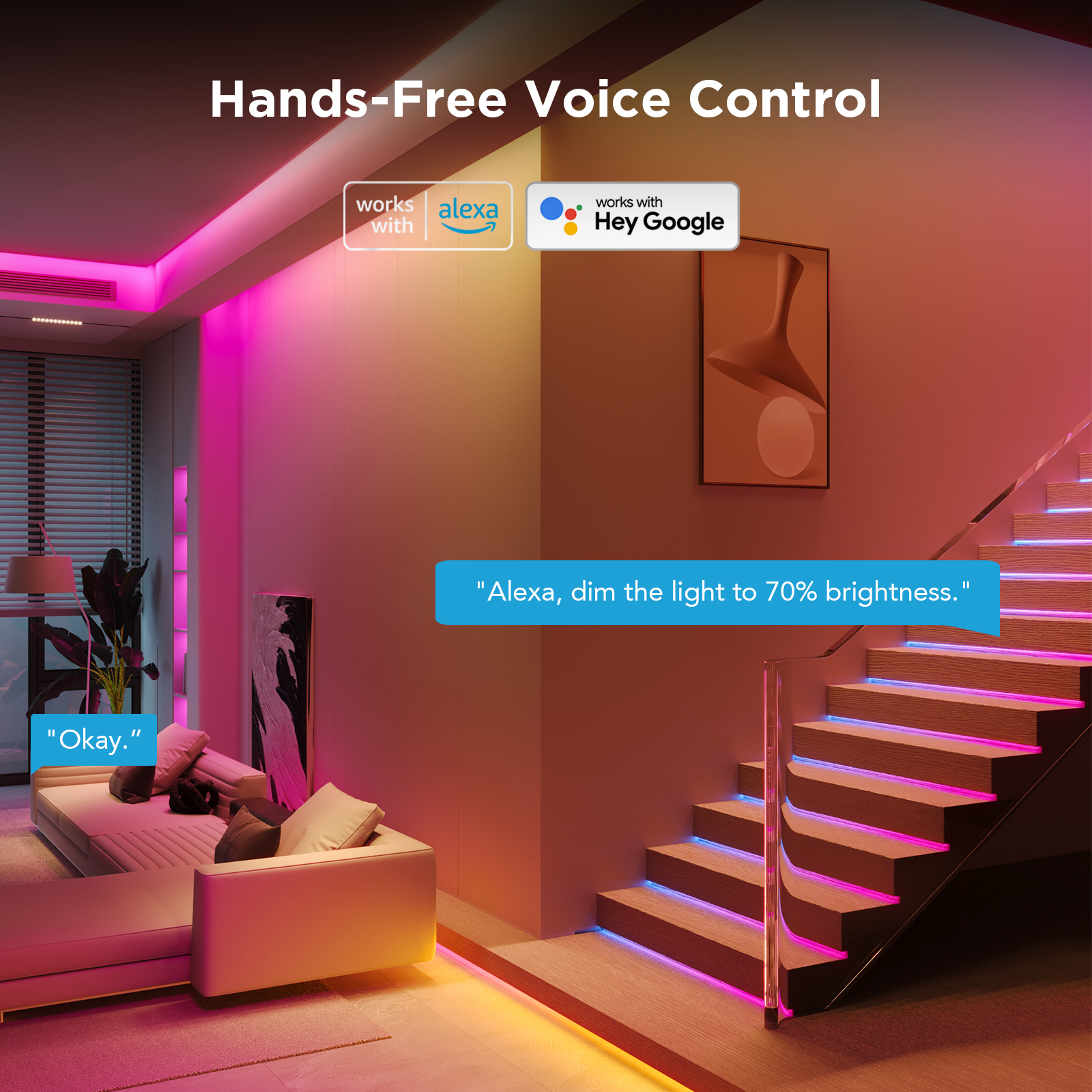 Modern living room with staircase illuminated by LED lights, featuring Amazon Alexa and Google Assistant, Premium Govee LED floor lamp setup with app and Alexa control, Apex Light India , Modern Govee RGBIC floor lamp in India with Apex Light smart home sync