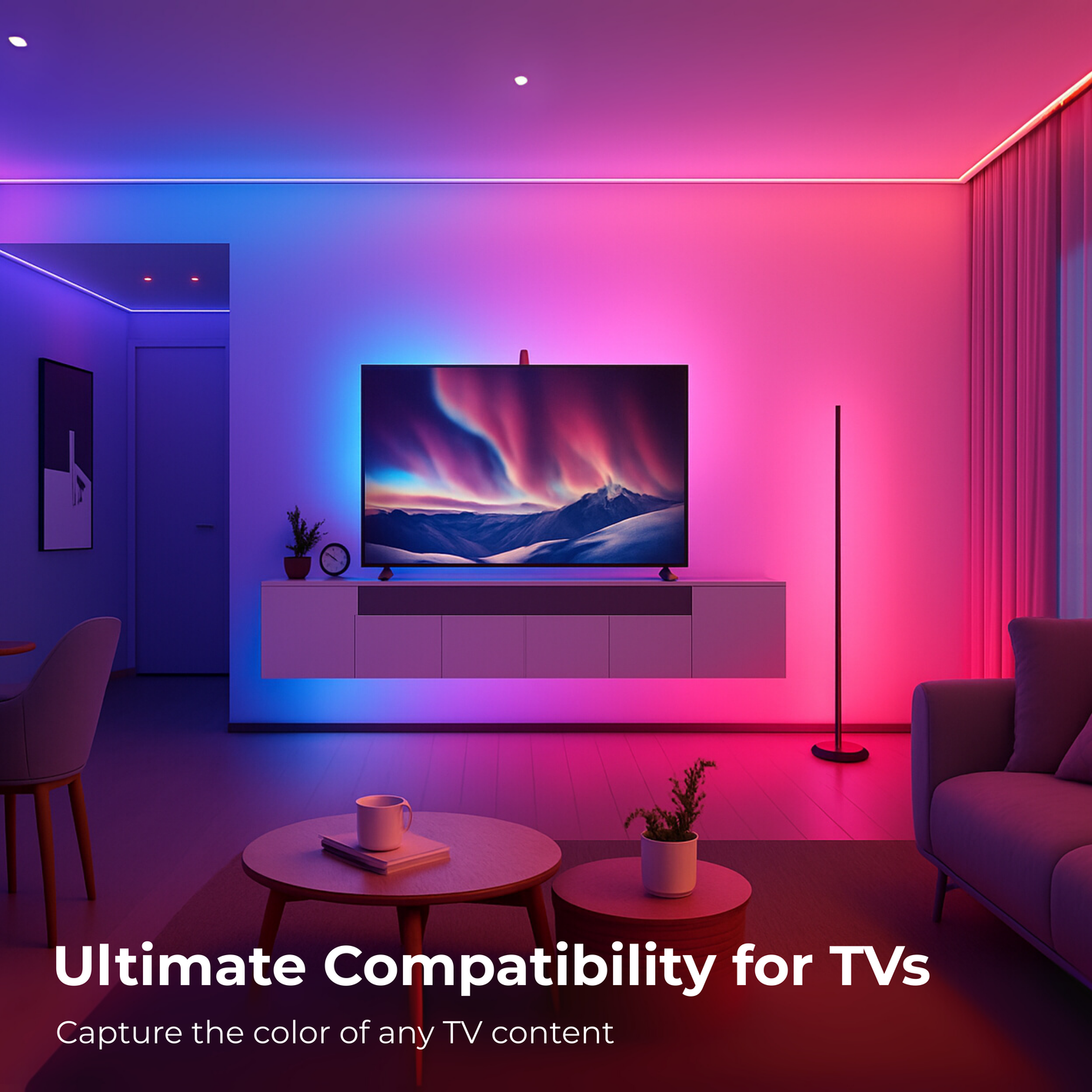 Govee TV backlight in India by Apex Light, syncing with floor lamp and LED strip for immersive TV lighting with sync with Led strip light