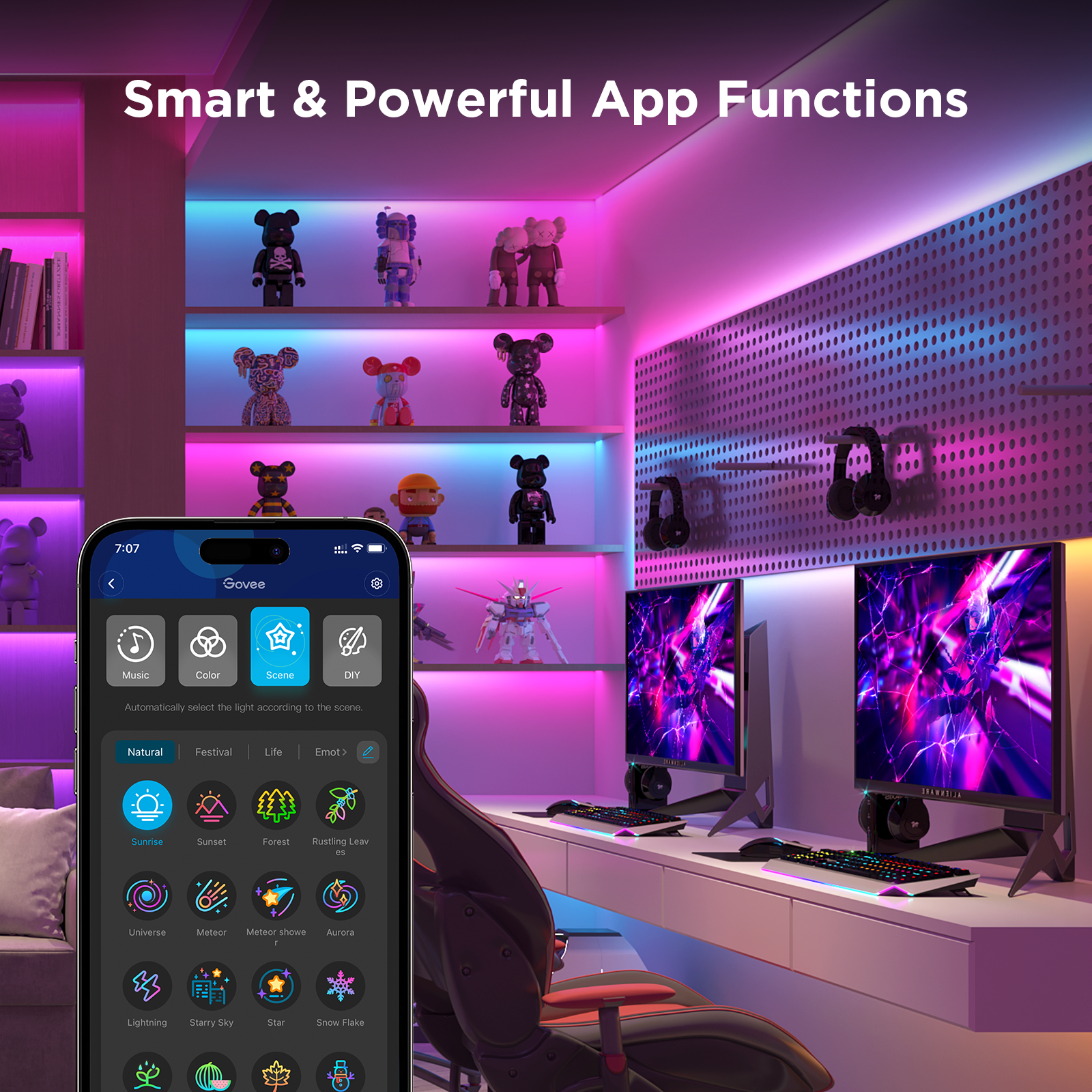Smart home control app on a smartphone with a modern room setup featuring multiple monitors and LED lighting ,Smart ambient Govee RGBIC floor lamp for home and TV backlight sync in India , Govee LED floor lamp in India by Apex Light with multicolor smart control