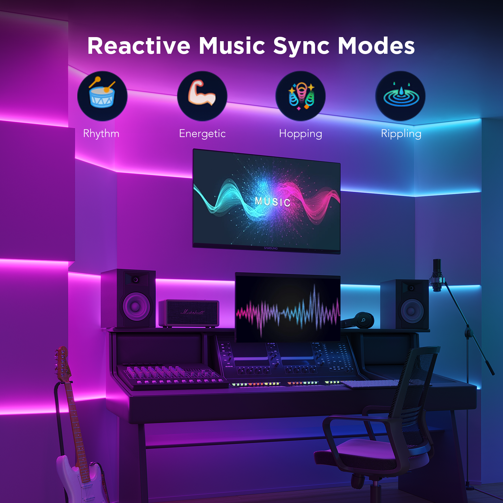 Music studio setup with reactive music sync modes displayed on a screen , Modern Govee RGBIC floor lamp in India with Apex Light smart home sync , Premium Govee floor lamp in India with app and voice control, Apex Light collab