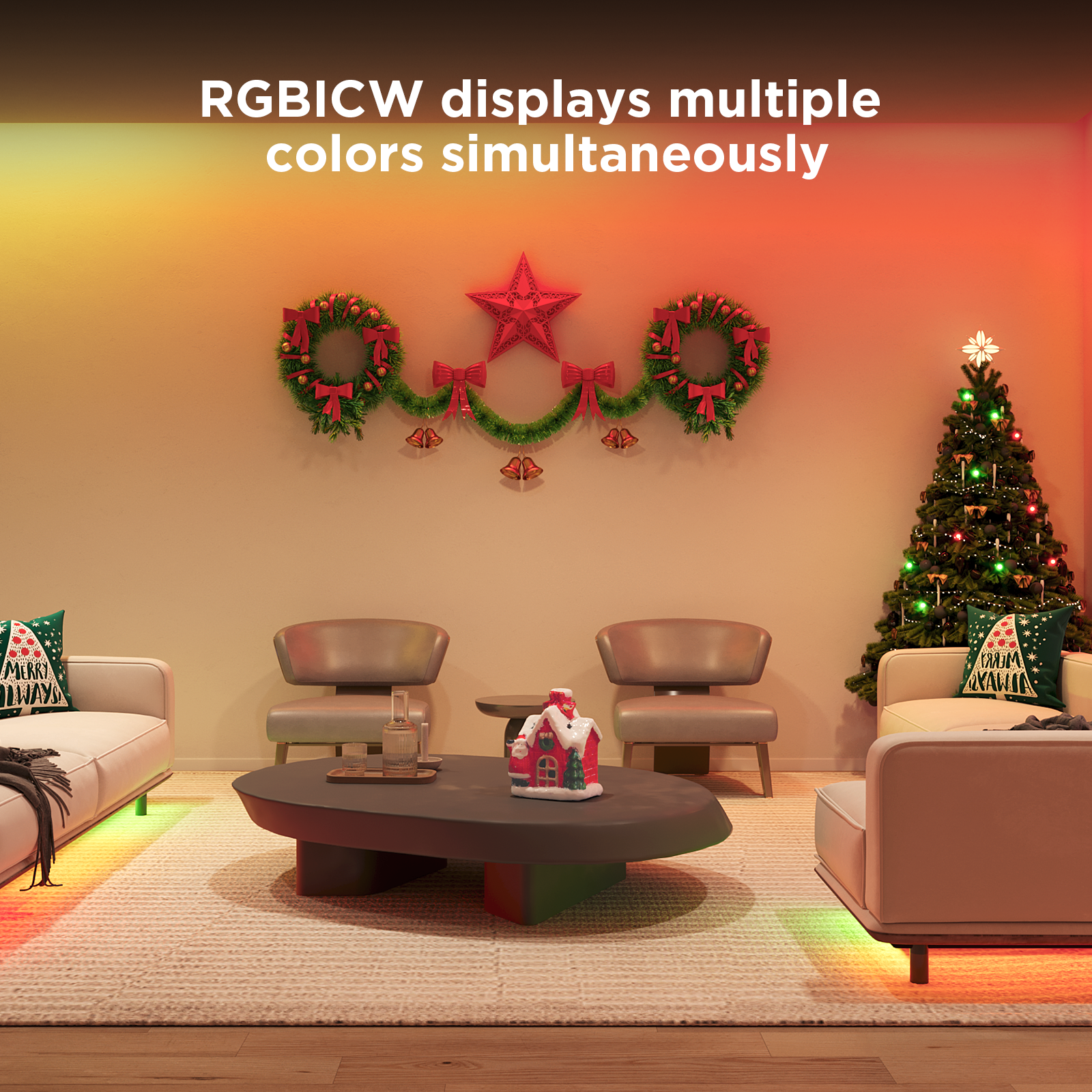 Living room with Christmas decorations, including a tree and wreaths, with text about RGBICW displaying multiple colors , Apex Light brings Govee LED floor lamp to India with dynamic color sync