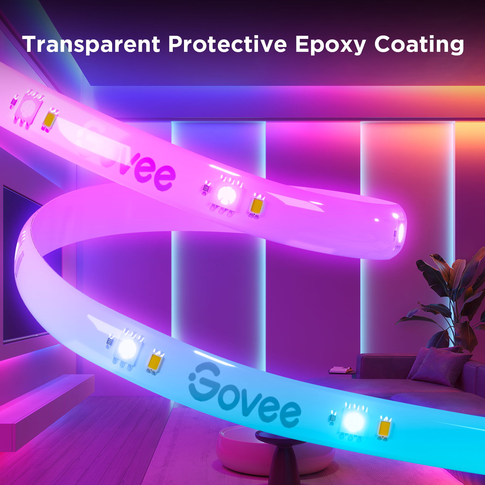 Govee RGIC led strip light ,Govee LED strip lights with transparent protective epoxy coating in a room setting , best Lex strip light In India with collaboration  with apex light