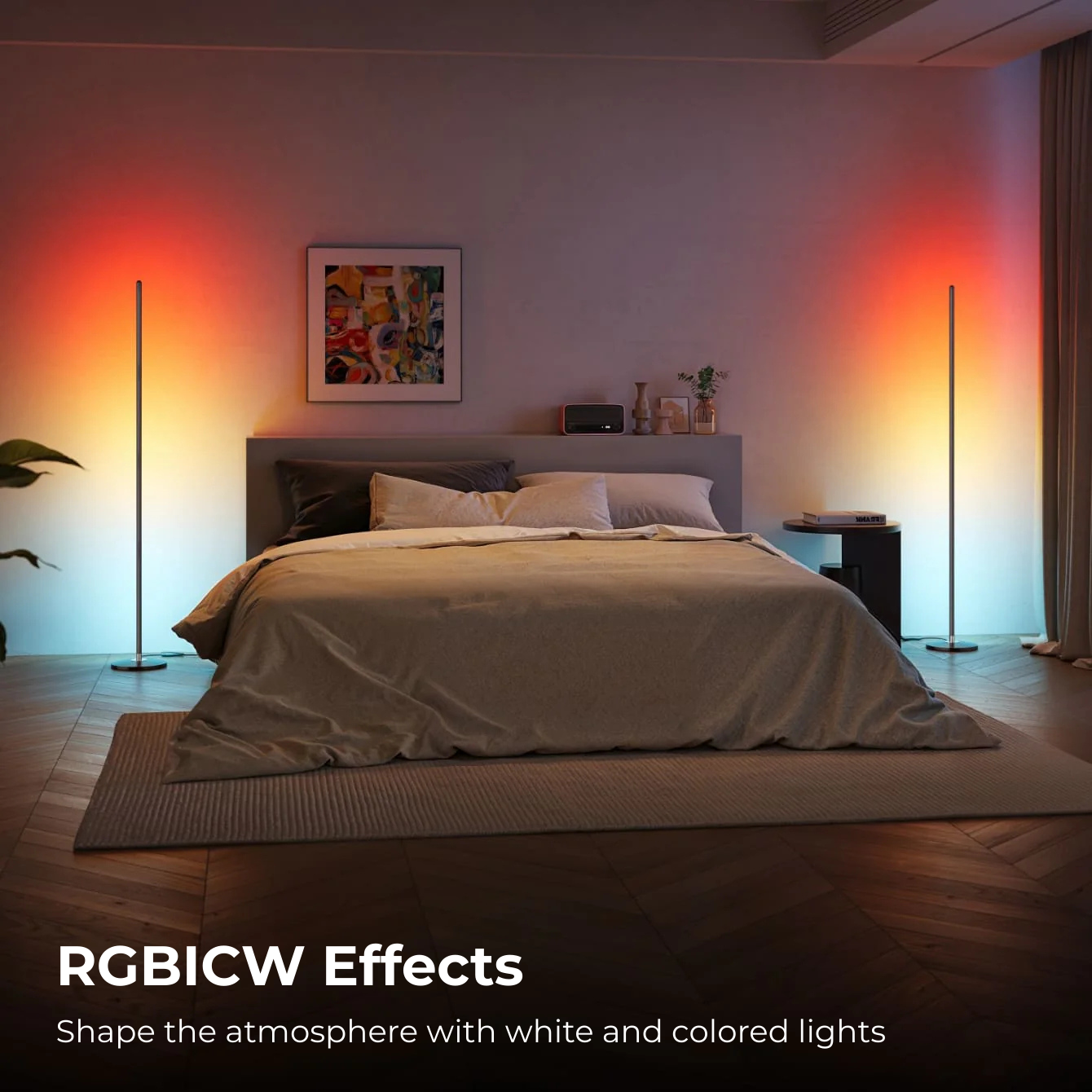 Modern bedroom with Govee RGBICW Floor lamp  effects on the walls and Apex floor lamps ,Premium Govee LED floor lamp setup with app and Alexa control, Apex Light India , Apex Light x Govee RGBIC floor lamp in India with vibrant multi-color glow