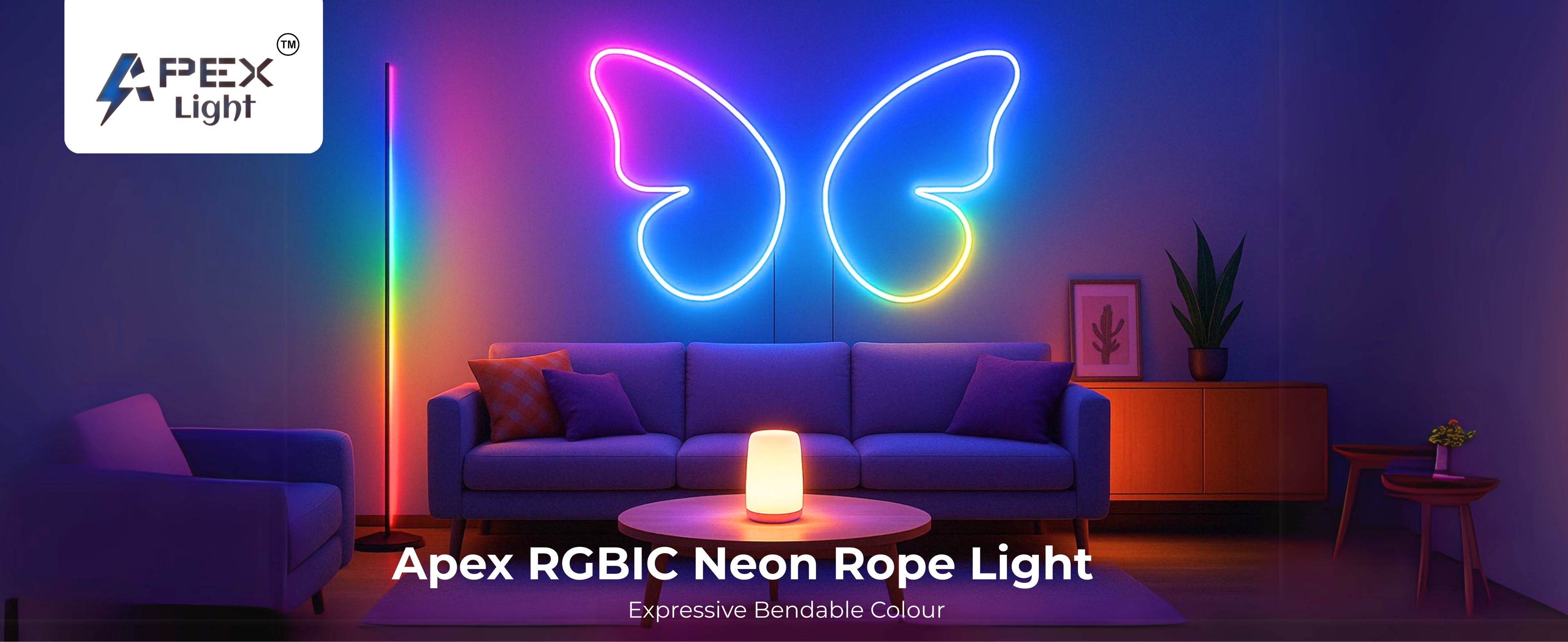 Apex RGBIC neon rope light , Apex Light smart gaming room setup in India with RGBIC TV backlight and LED strips , Apex floor lmap and Apex table lamp ,