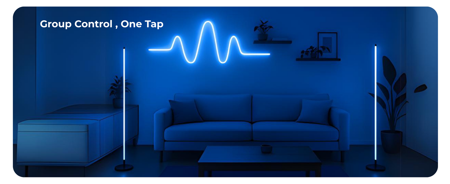 group control with all lights that can sync together , control every lights with one tap , best lights for room inindi , Apex floor lmap and Apex neon rope light can sync together