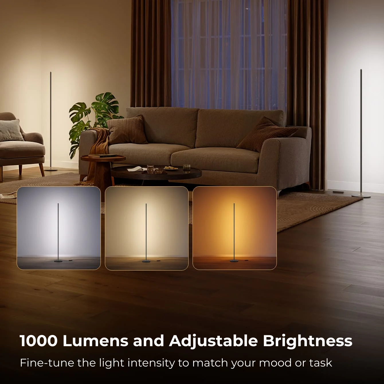 Immersive Govee floor lamp syncing with TV backlight, Apex Light India , Living room with a sofa and Govee floor lamp, showing light color options and lumens information ,Newest Govee RGBIC floor lamp in India with Apex Light collaboration