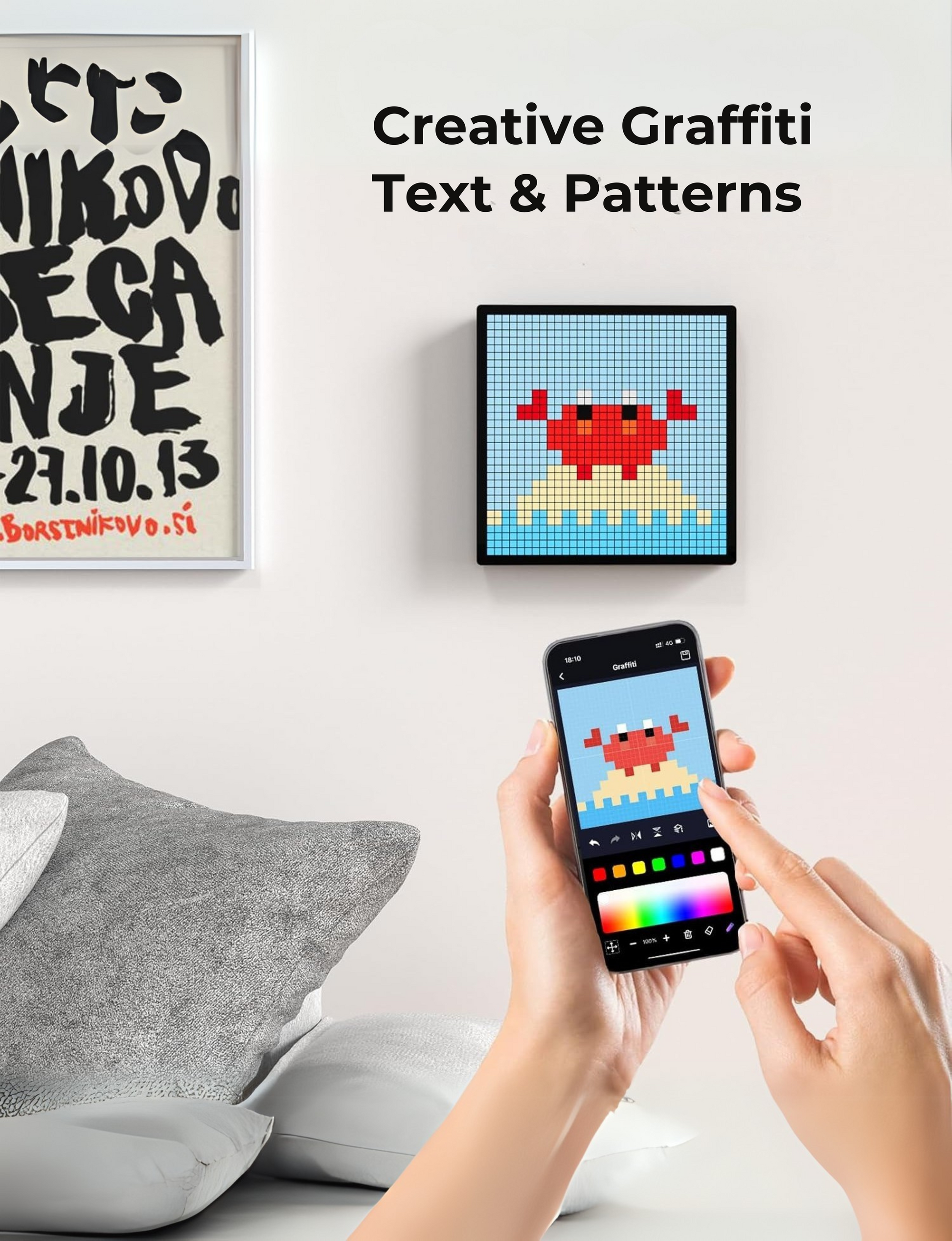 Phone displaying graffiti text pattern with hands holding phone and pillows on a sofa , Apex Pixel Display in India for gaming setups, music sync, and home décor