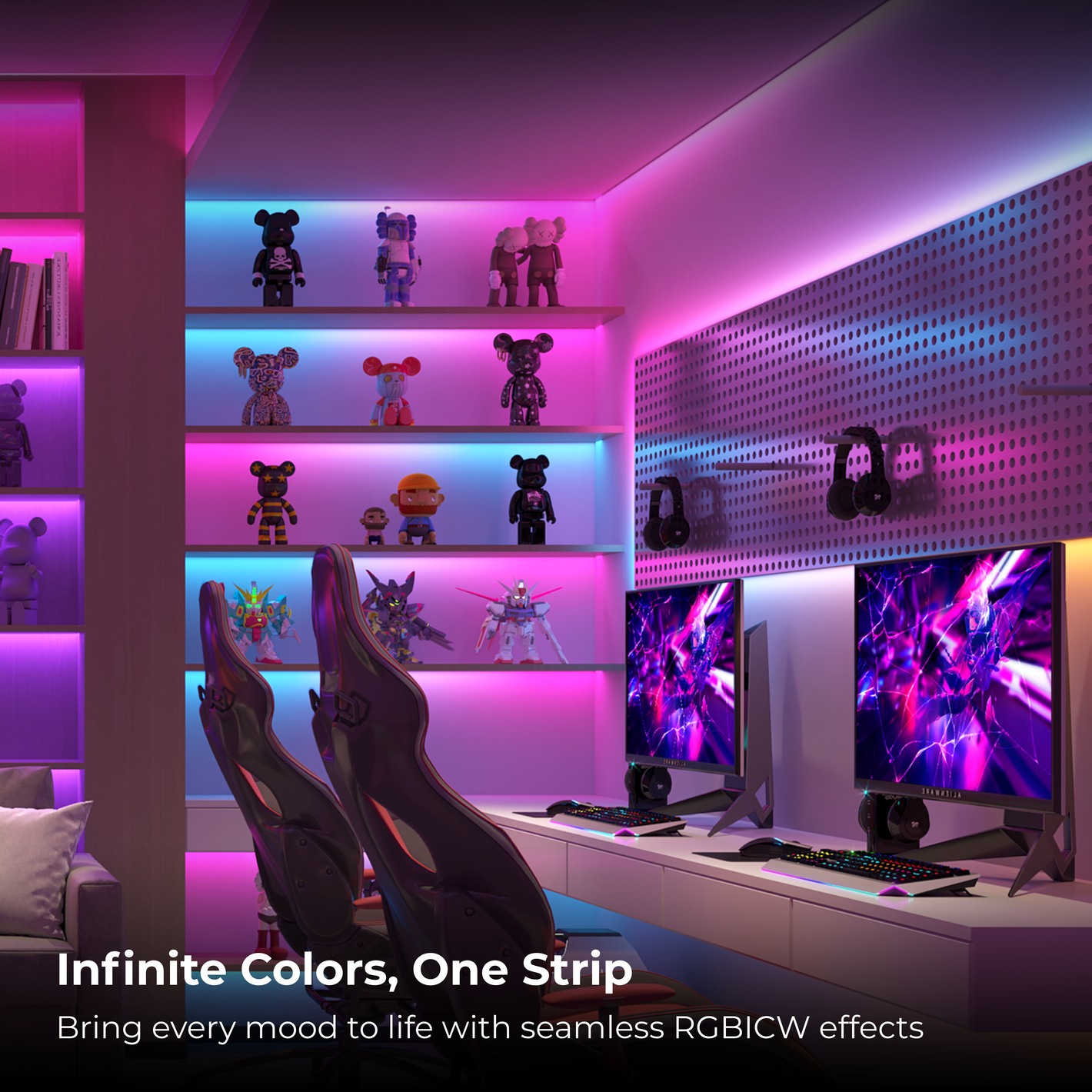 Modern gaming room with Apex RGBIC lighting effects , Best Govee smart LED strip light in India for gaming, movies, and home décor , vibrant Govee RGBIC LED strip lighting with Apex Light in India