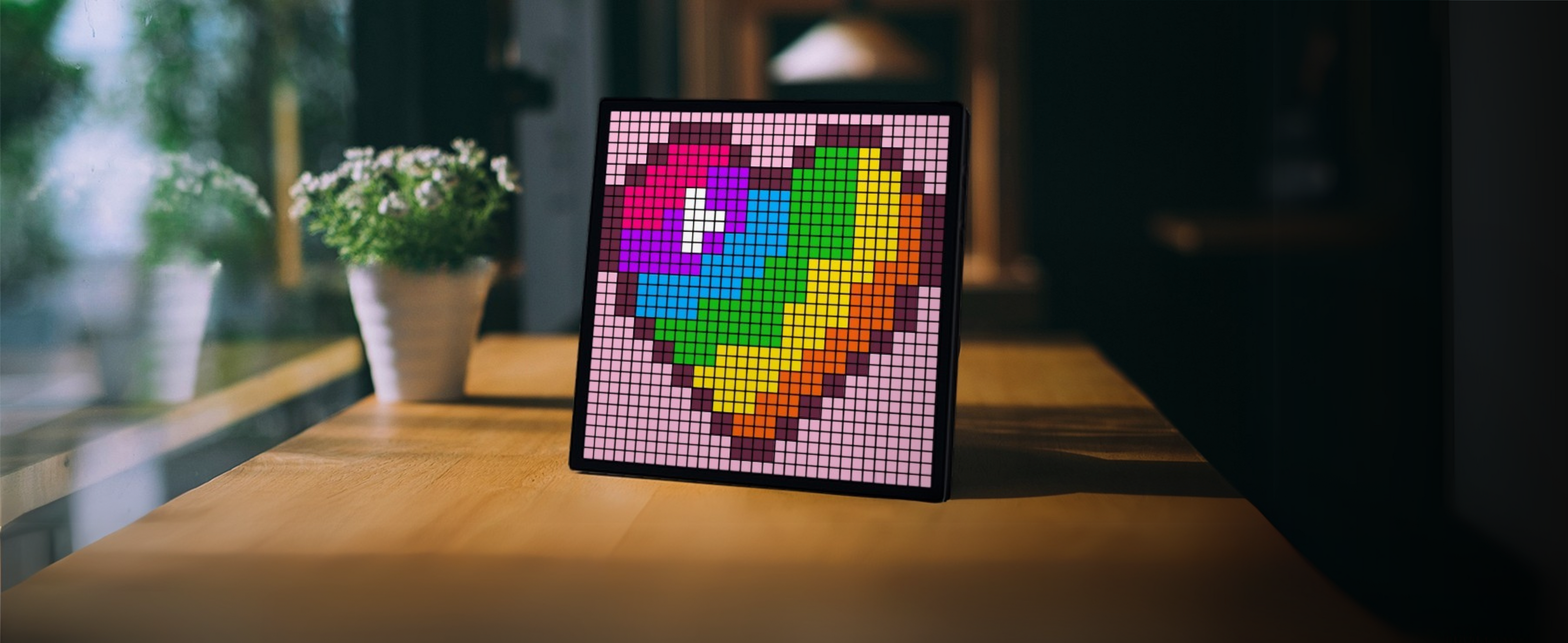 Apex Pixelated heart lamp on a wooden table with blurred background , Apex Pixel Display in India for gaming setups, music sync, and home décor