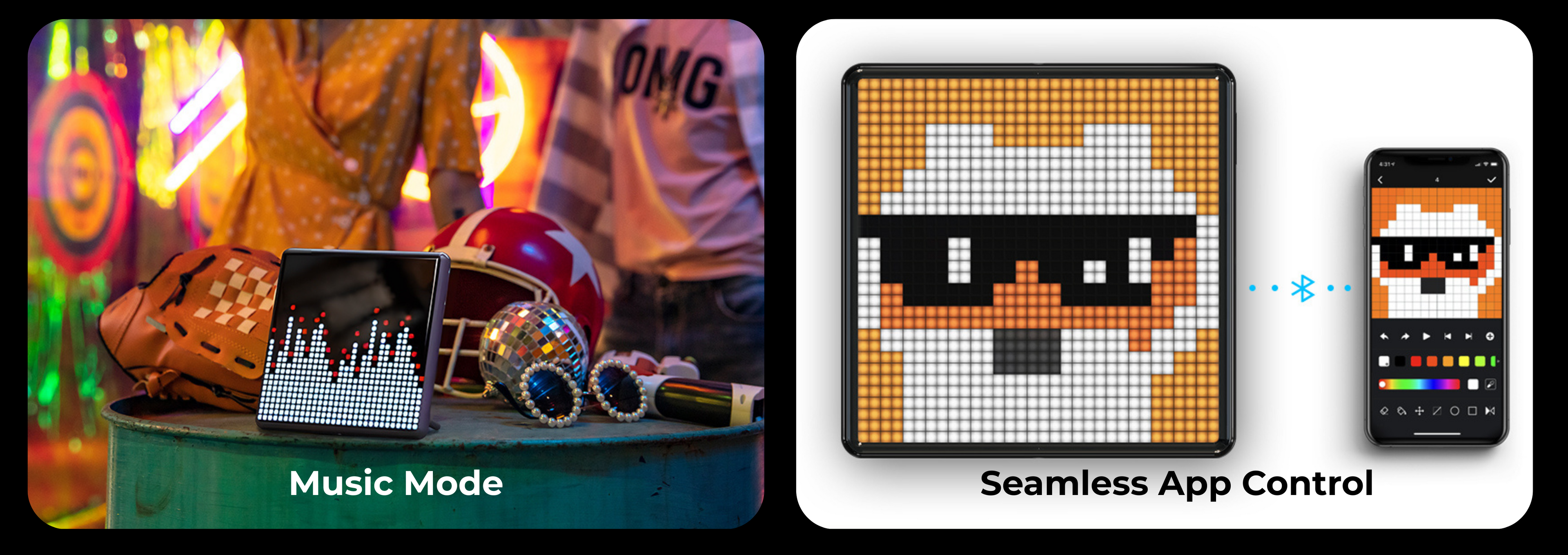 Apex Pixel Display smart LED frame in India for pixel art and animations
, Pixelated art display connected to a smartphone with music mode and seamless app control features , Smart RGB Apex Pixel Display with app control for pixel art and clock designs