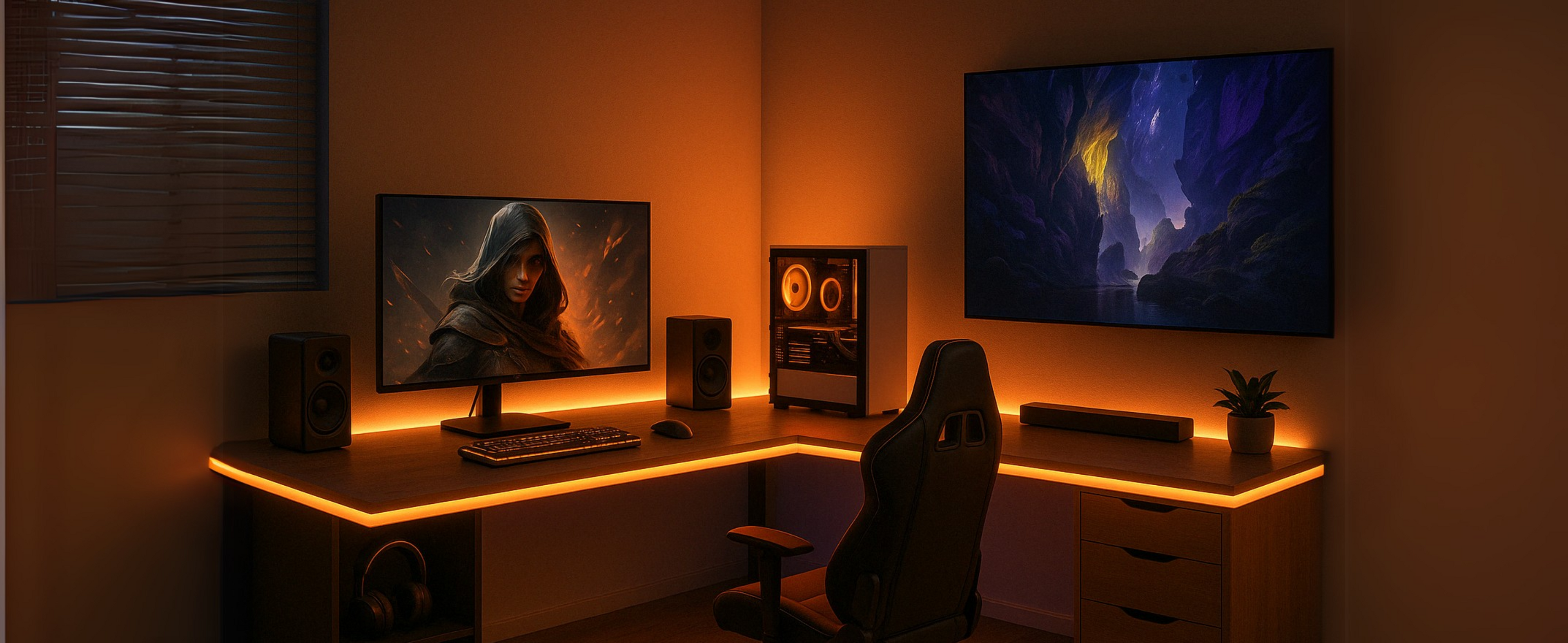 Gaming desk and TV backlight setup with Apex Light LED strips and floor lamp , Apex Light gaming room glow with pixel display, smart LED strip, and floor lamp , Smart RGB gaming setup in India with Apex Light TV backlight and LED strip combo