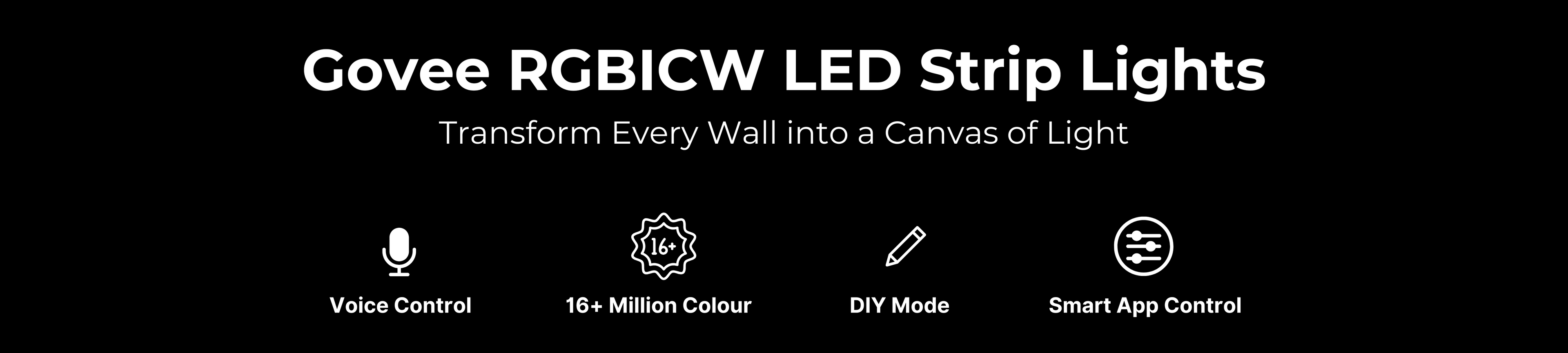 Govee RGBICW LED Strip Lights advertisement with features on a black background , Govee RGBIC smart floor lamp in India by Apex Light with TV sync feature