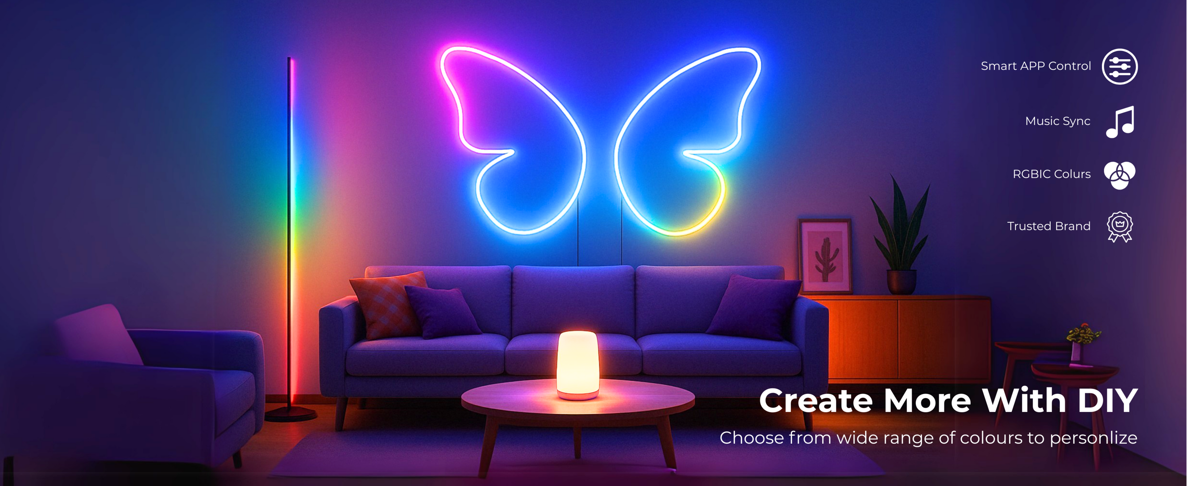 Apexlights product can control multipale product together , Complete Apex Light smart room setup with TV backlight, LED strips, and ambient floor lamp , Apex Light multi-product smart lighting combo in India with immersive RGBIC glow