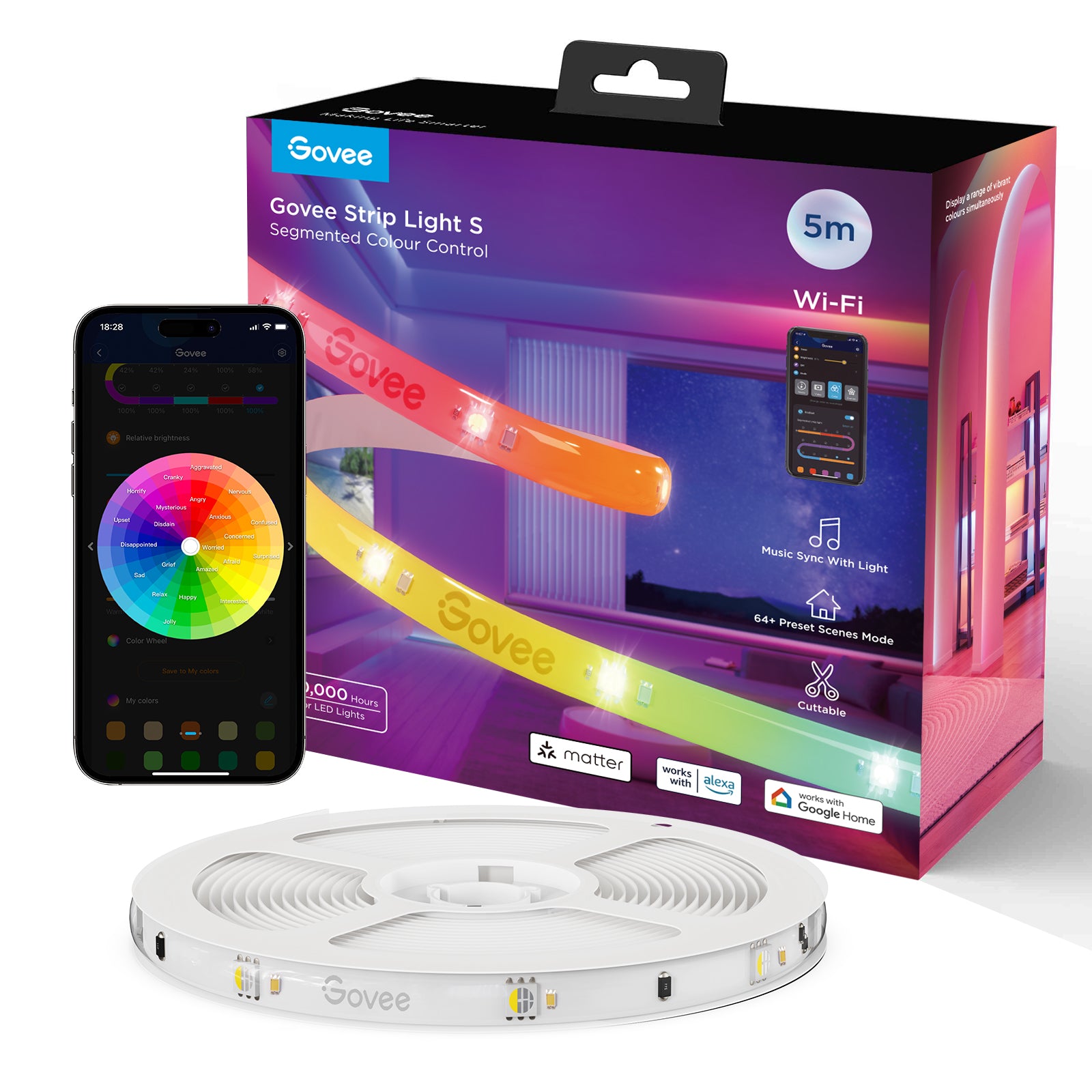 Govee Strip Light S packaging with smartphone displaying app interface and LED strip on a white background , Govee RGBIC smart floor lamp in India by Apex Light with TV sync feature , Newest Govee RGBIC LED  lamp in India with Apex Light collaboration