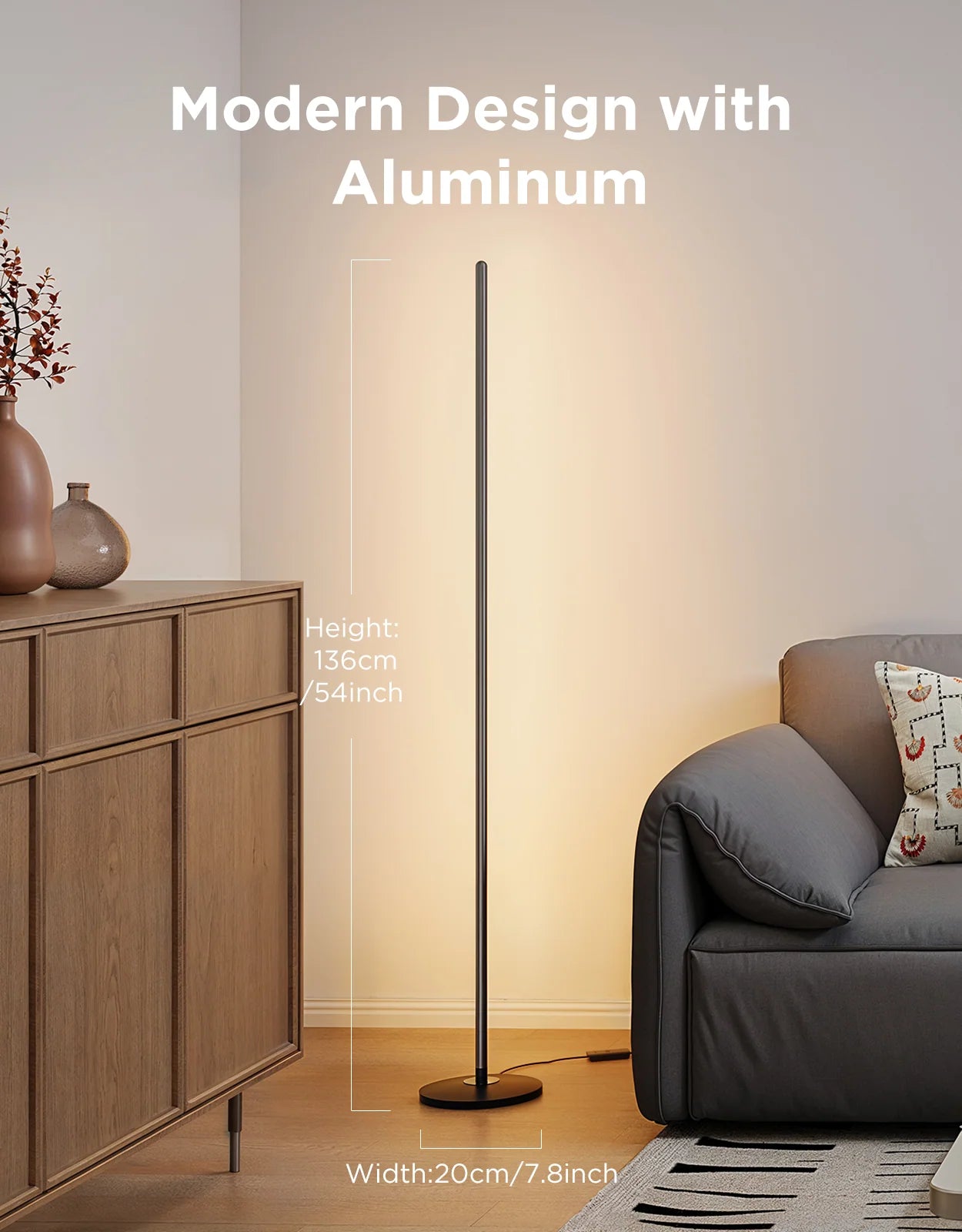 Modern floor lamp with aluminum design in a living room setting , Govee smart floor lamp in India by Apex Light for living room and TV sync , Newest Govee RGBIC floor lamp in India with Apex Light collaboration , Best Govee LED floor lamp in India with music sync and smart voice control