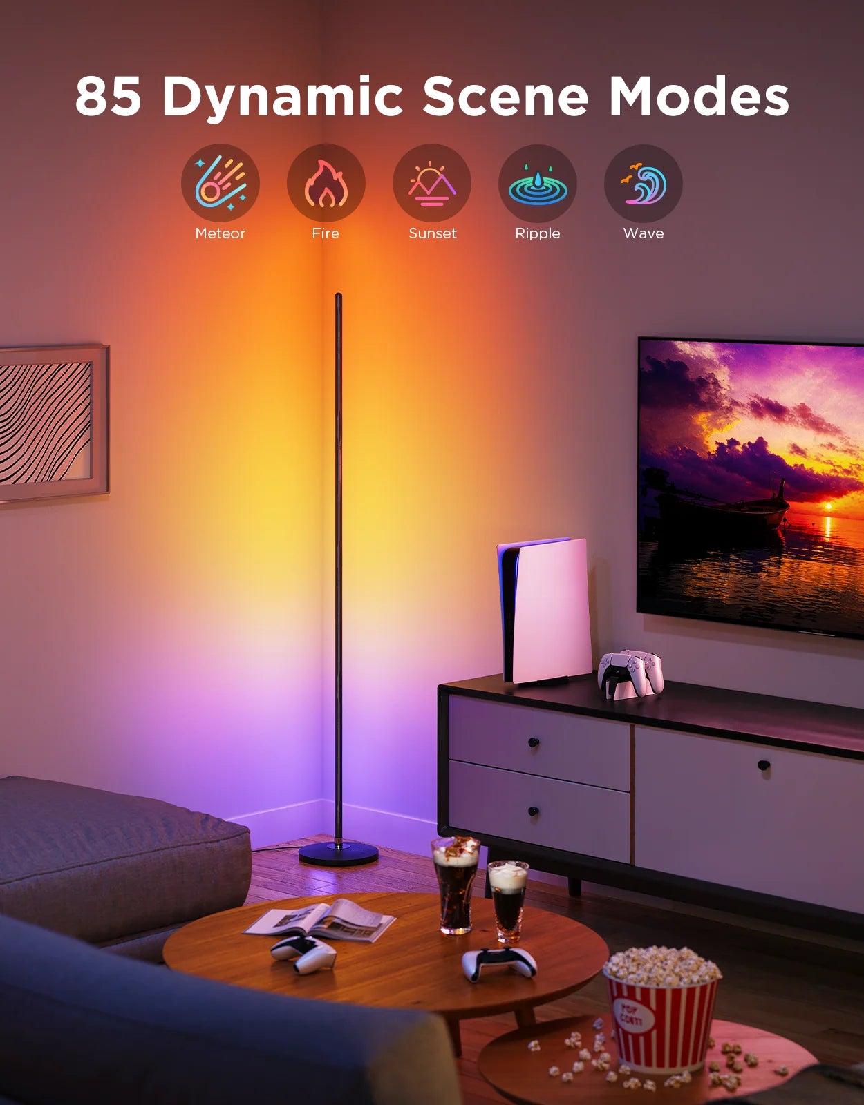 Living room with a Govee floor lamp and TV displaying dynamic scene modes , Govee smart floor lamp in India by Apex Light for living room and TV sync , Govee floor lamp with PS5 Sync