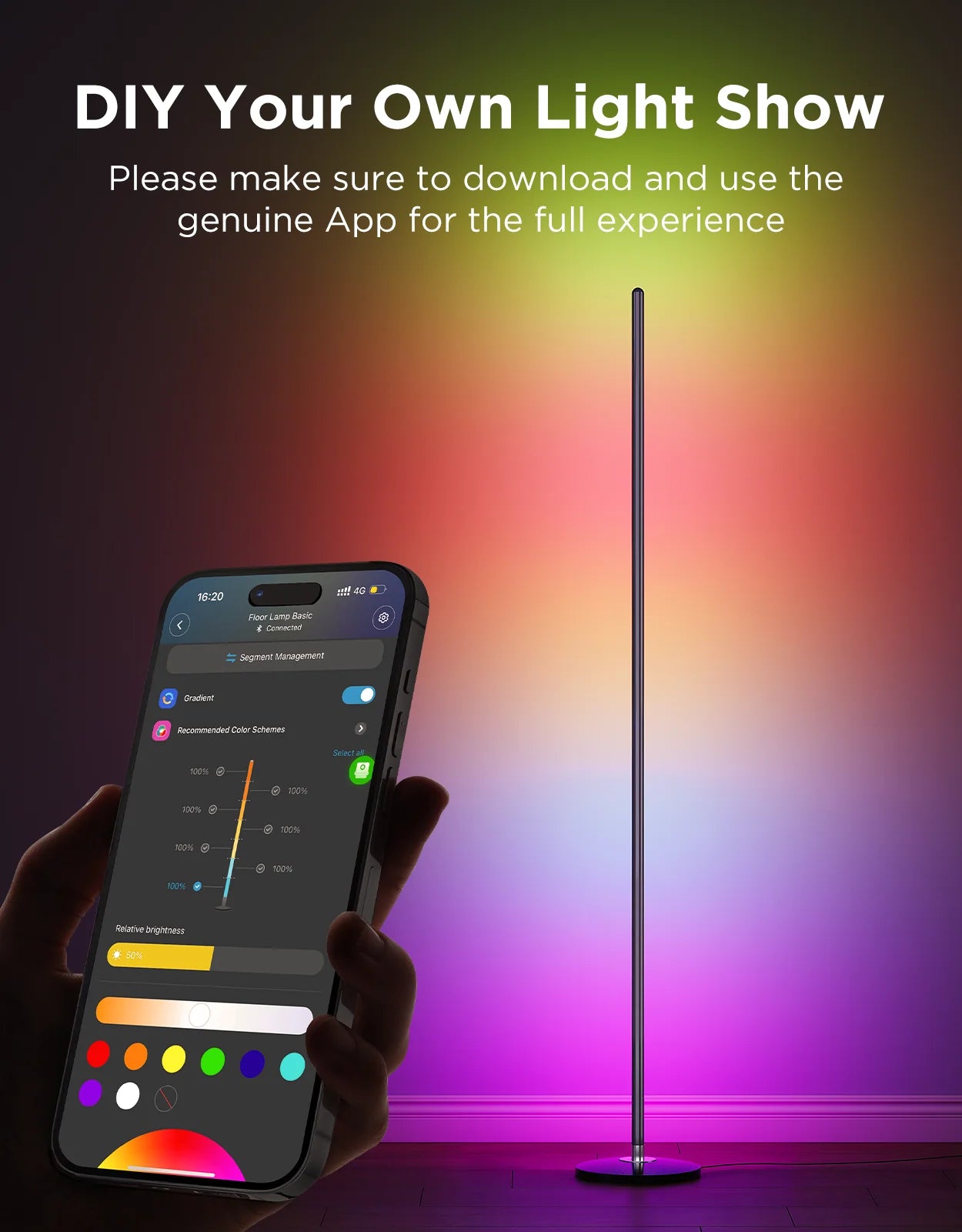 Smart phone app controlling a LED floor lamp with colorful Govee light display , Govee smart floor lamp in India by Apex Light for living room and TV sync , change the way you like to change the govee floor lamp colour