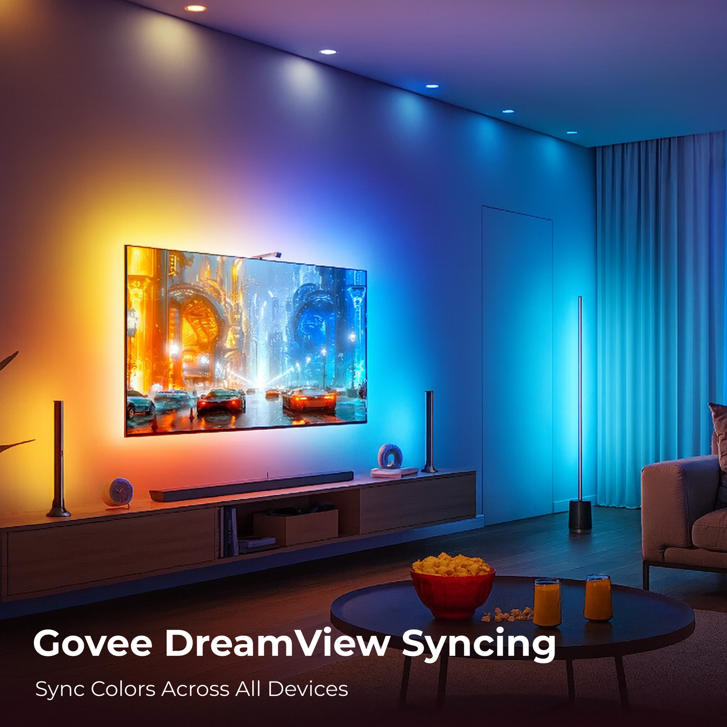 Govee TV backlight in India by Apex Light, syncing with floor lamp and LED strip for immersive TV lighting