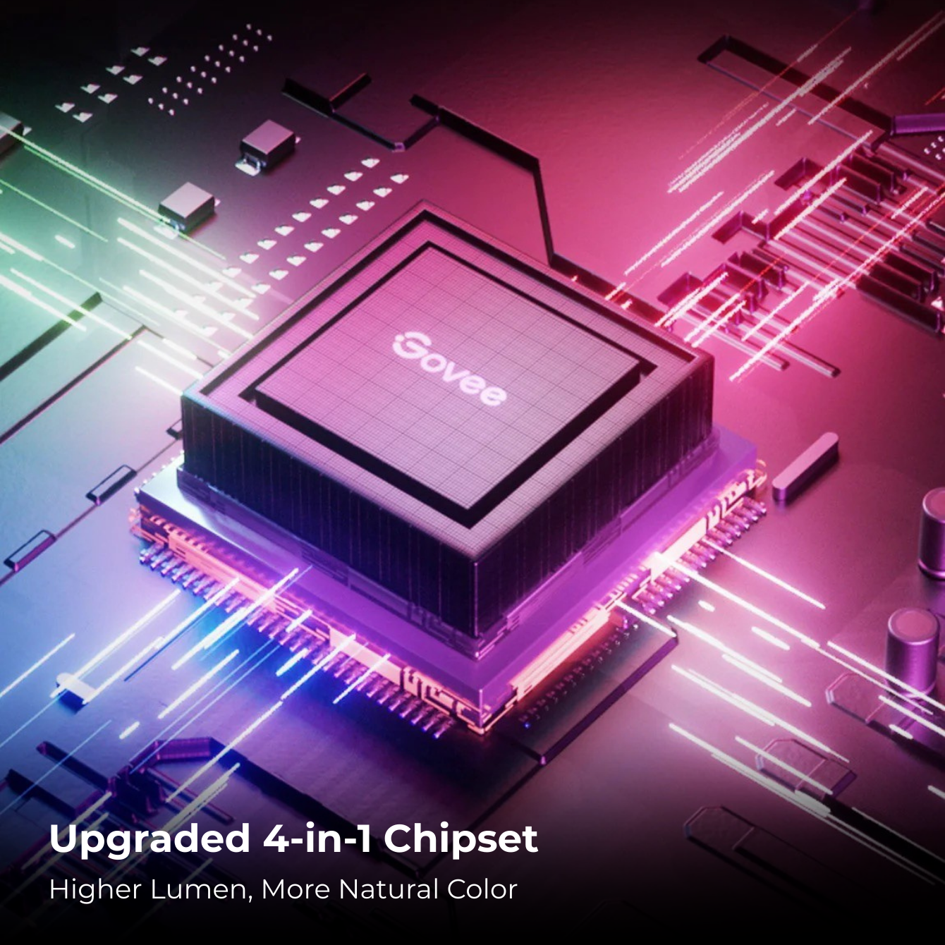 Govee chipset on a futuristic circuit board with colorful lighting effects , Smart Govee LED strip light with RGBIC effects and app control, Apex Light India