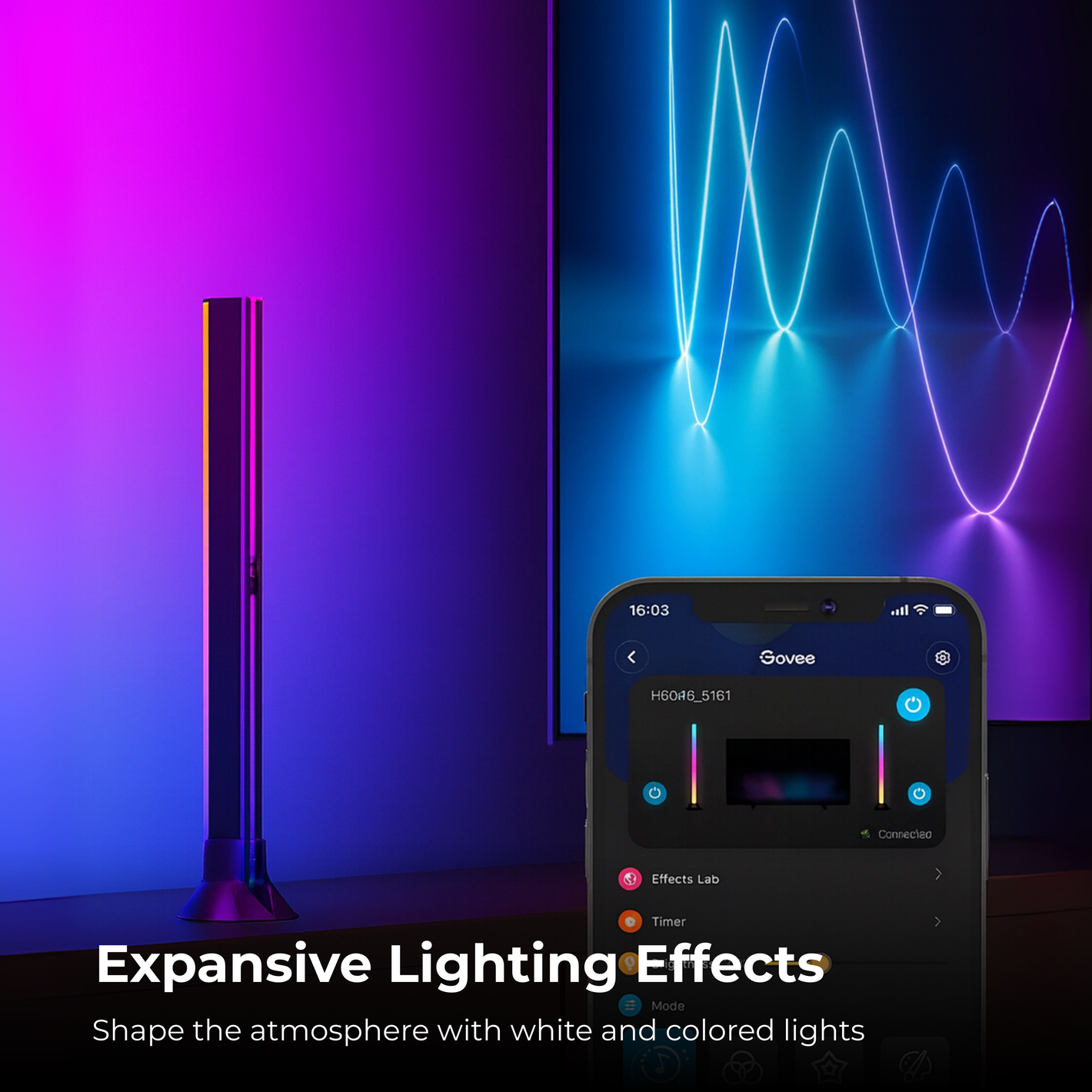 Govee smart lighting system with smartphone app control and expansive lighting effects on a dark background.