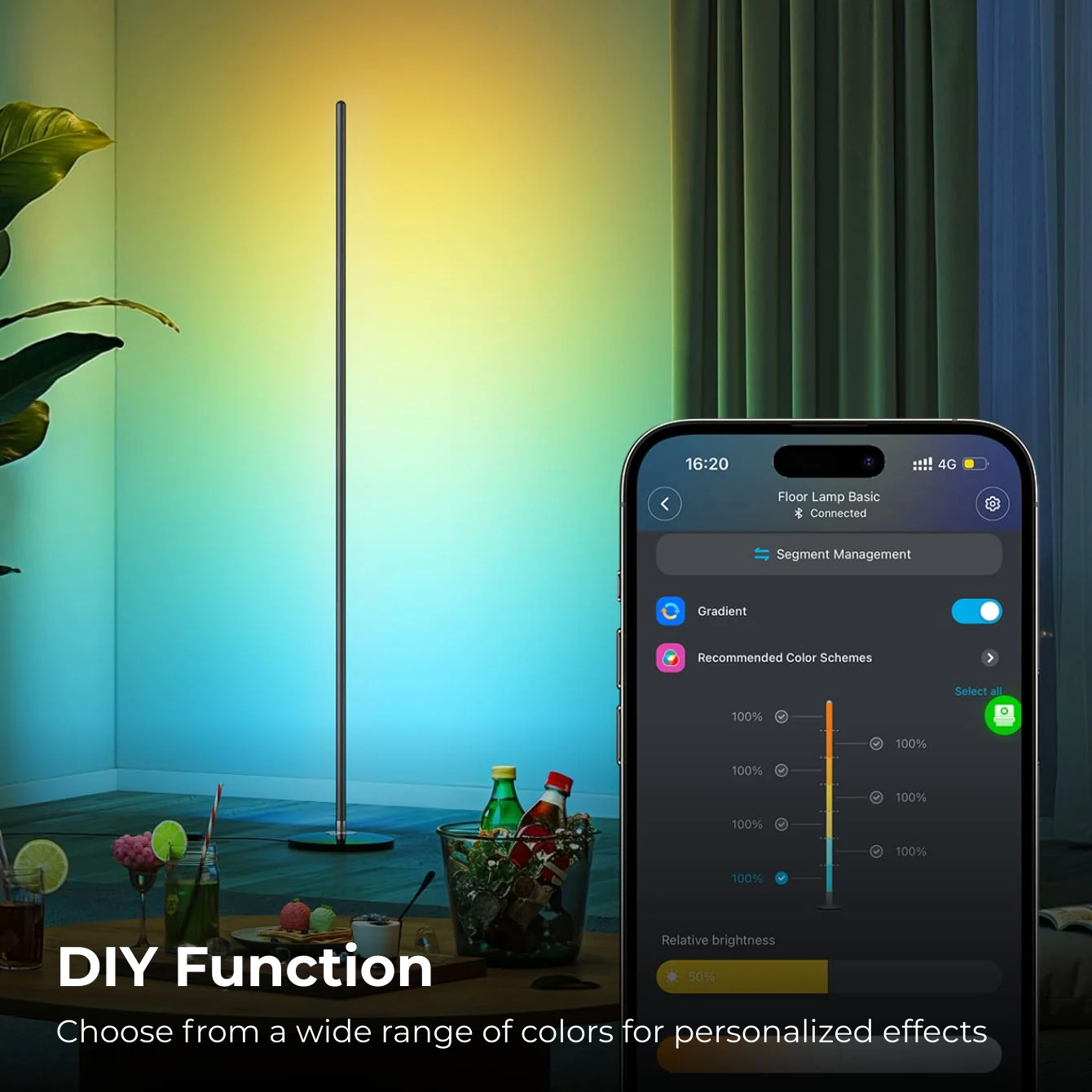 Govee Smart floor lamp with smartphone app interface in a room setting , Newest Govee RGBIC floor lamp in India with Apex Light collaboration , Smart ambient floor lamp by Govee and Apex Light India for gaming rooms , Premium Govee LED floor lamp setup with app and Alexa control, Apex Light India