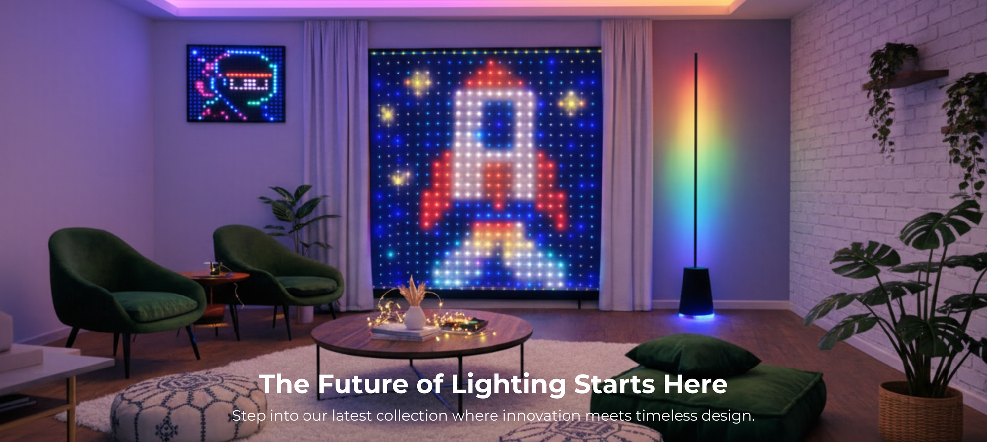 Modern living room with digital wall art and colorful floor lamp, featuring text 'The Future of Lighting Starts Here'.