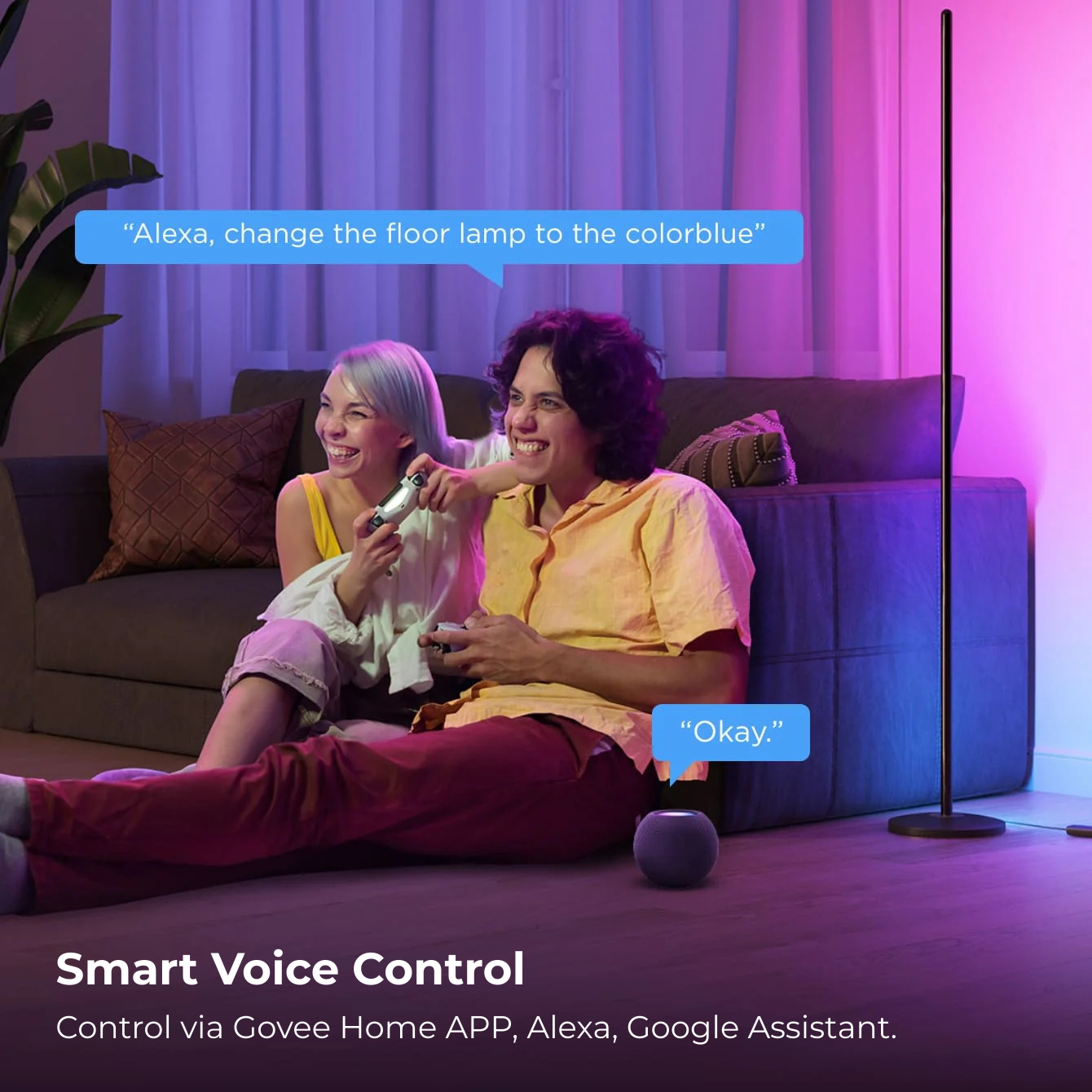 Two people sitting on a couch with a Govee smart floor lamp, demonstrating voice control , Govee smart floor lamp in India by Apex Light for living room and TV sync , Govee RGBIC smart floor lamp in India by Apex Light with TV sync feature