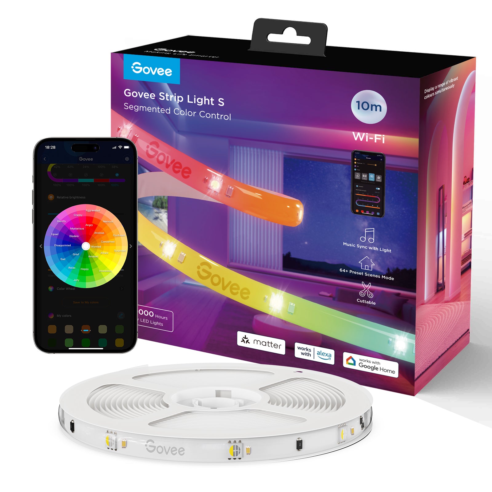 Govee Strip Light S packaging with smartphone displaying app interface and LED strip on a white background , Newest Govee RGBIC floor lamp in India with Apex Light collaboration , Apex Light x Govee RGBIC LED strip light in India with vibrant multi-color glow