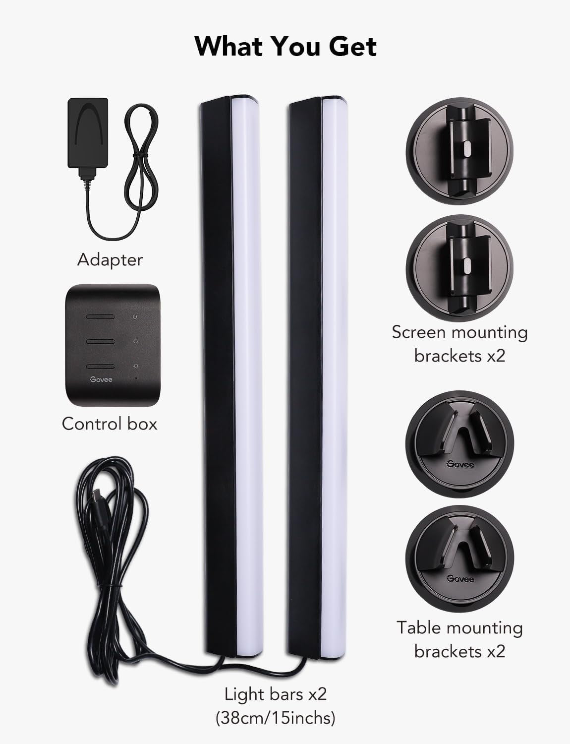 Product bundle with light bars, mounting brackets, control box, adapter, and cable on a white background. , adapter , control Box , light bars , screen mounting , table mounting brackets , Govee light bars sync with Tv back light 