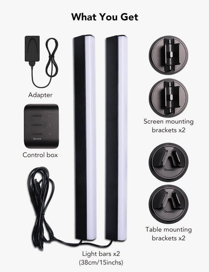 Product bundle with light bars, mounting brackets, control box, adapter, and cable on a white background. , adapter , control Box , light bars , screen mounting , table mounting brackets , Govee light bars sync with Tv back light 