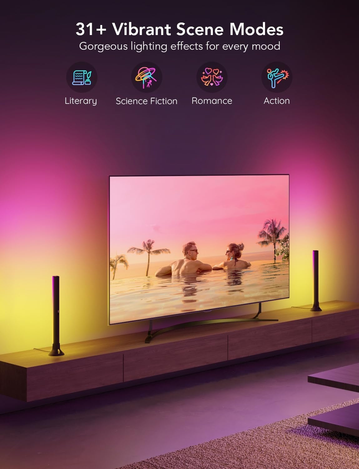 Smart TV with colorful lighting modes in a modern living room setting , Gove Light bars with syncing with TV  , 31 vibrants scene modes with Tv light bars