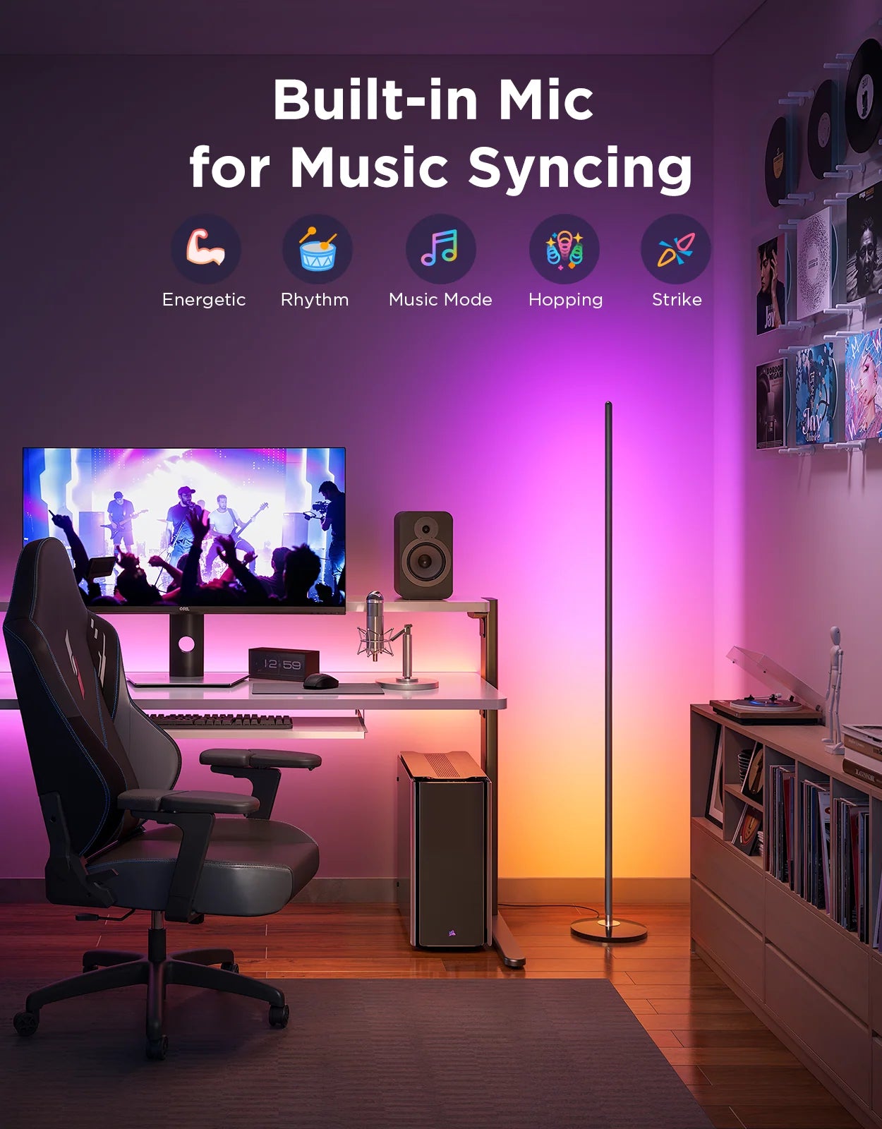 Apex Light x Govee RGBIC floor lamp in India with vibrant multi-color glow , Modern home entertainment setup with a TV, speakers, and a standing lamp in a room with purple lighting.
