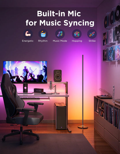 Apex Light x Govee RGBIC floor lamp in India with vibrant multi-color glow , Modern home entertainment setup with a TV, speakers, and a standing lamp in a room with purple lighting.
