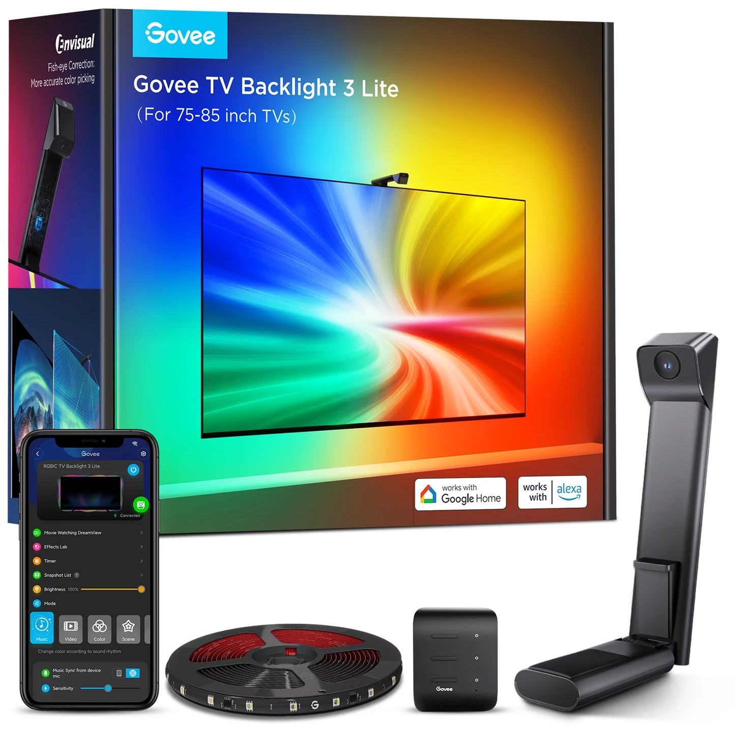 TV Backlight 3 Lite with Fish-Eye Correction Function Sync RGBICW Wi-Fi TV LED Backlight with Camera, Voice and APP Control, Adapter (Work with Smart TV and Everthing) (TV Size: 55-65 Inch)
