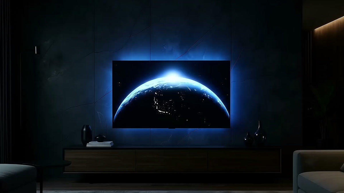 Apex HDMI 2.1 TV Backlight installed behind TV with screen sync lighting
