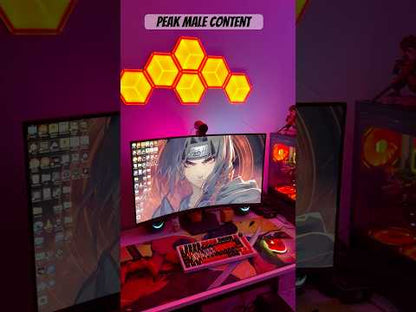 Smart RGB hexagon wall light panels with monitor sync feature, displaying dynamic colors that react to screen content for gaming and entertainment setups, Hexagon RGB wall light panels with screen sync technology for immersive gaming, streaming, and home decor lighting, Futuristic hexagon sync lights with real-time screen color matching, enhancing gaming atmosphere and modern interior design