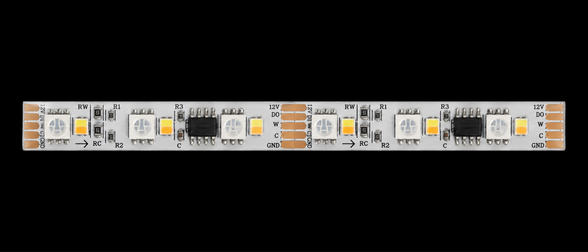 Close-up of the Apex LED strip showing RGB LEDs, dedicated white LEDs, copper cutting pads and control chips